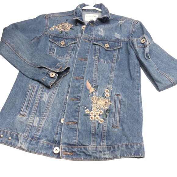LIKE NEW EIGHTY-TWO DENIM EMBROIDERED JEAN JACKET SZ XS FACTORY DISTRESS… - Picture 11 of 12